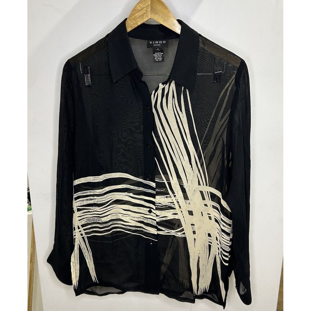 Virgo Womens Black Long Sleeves Collared Button Front Dress Shirt Size 6 100%ray